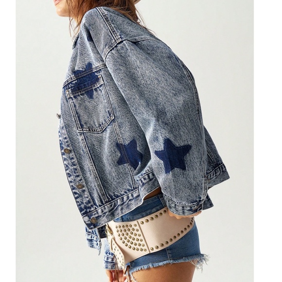 Vintage Look Star Print Button Denim Jean Jacket - Picture 4 of 7